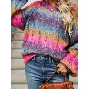 Plus Size - Plus Size Women'S Gradient Twisted Rope Long Sleeve Pullover
