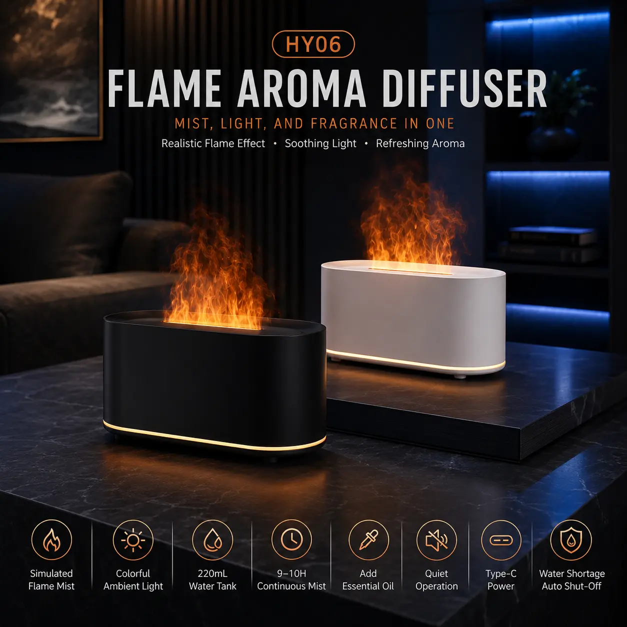 Colorful Flame Diffuser for Essential Oils, 7-Color LED Cool Mist Humidifier, USB Desktop Aroma Diffuser for Bedroom Living Room Office