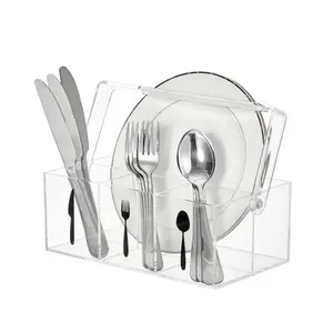 Garvee Acrylic Utensil Organizer with Handle, Plastic Cutlery Organizer and Cutlery Holder, Paper Plate Dispenser for Kitchen Countertop, Parties, Outdoor Picnics Latest