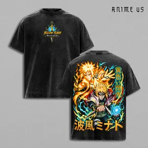 Minato Namikaze Yellow Flash Vintage Washed Naruto Anime Shirt, Fourth Hokage Flying Raijin Rasengan Manga Graphic Tee Heavyweight Cotton Streetwear Unisex Oversized Acid Wash T Shirt