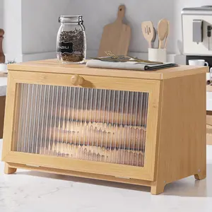 Wooden Bread Box for Kitchen Countertop with Window Large Capacity Bread Storage Organizer Multi Purpose Food Container with Magnetic Door