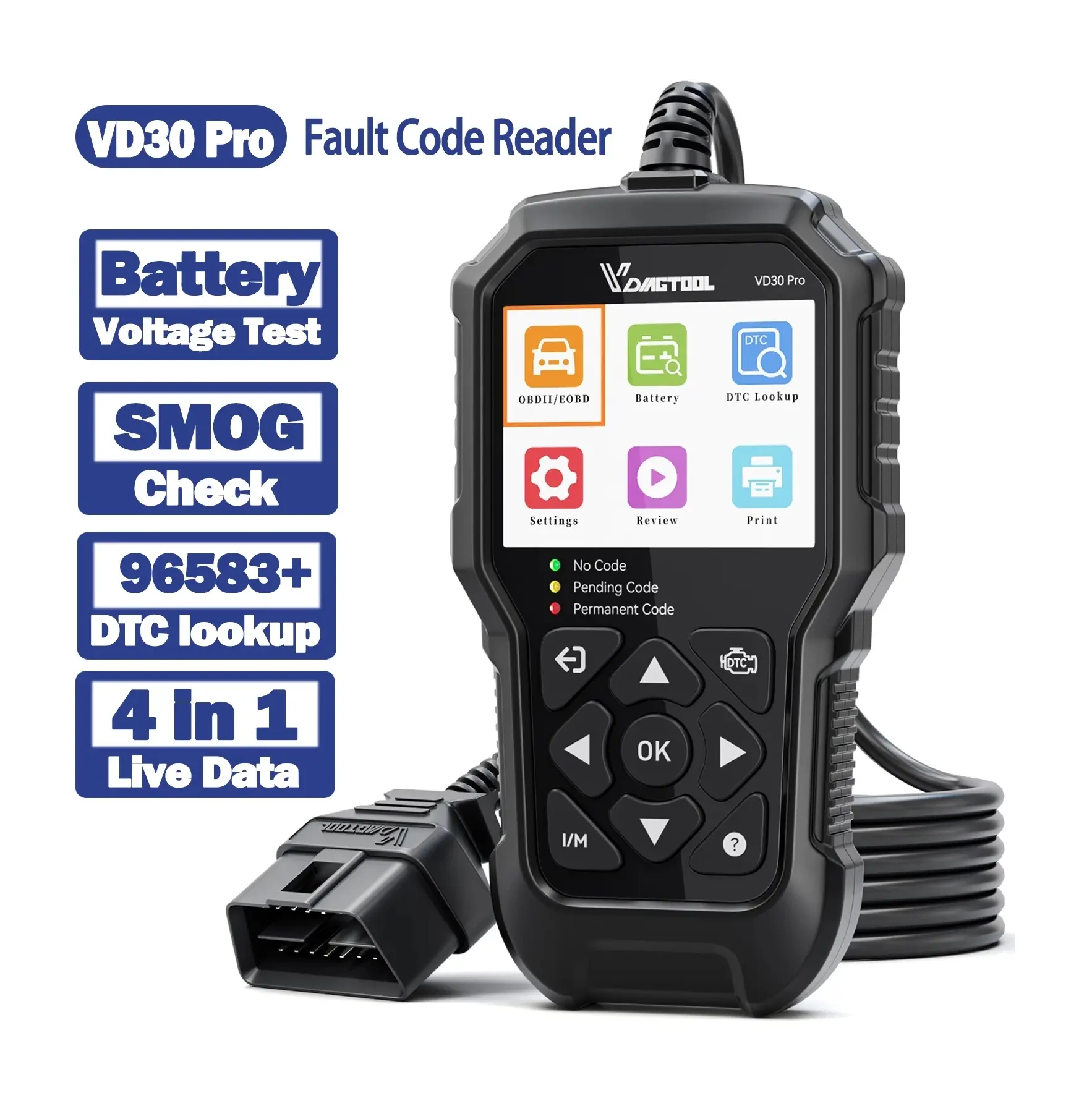VDIAGTOOL VD30Pro OBD2 Scan Tool with 32GB Memory Card - Truck & Vehicle Code Reader, Car Battery Tester, Relay Tester Tool with Check Engine, Live Data, Freeze Frame, I/M Readiness (Father's Day Gift Option)