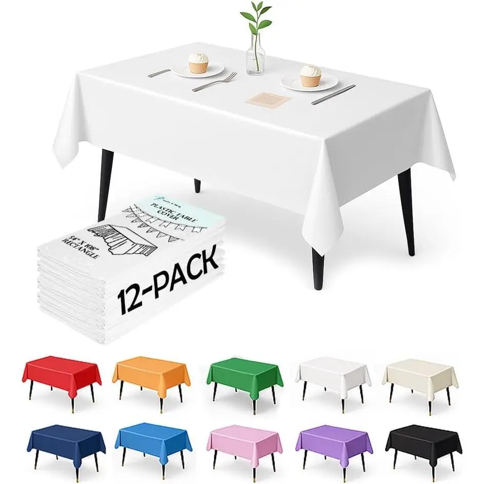 12-Pack White Plastic Tablecloths - 54 x 108 Inch Disposable Table Covers for Rectangle Tables, Heavy Duty &  for Parties, Events, Banquets Plastic Table Cover, White