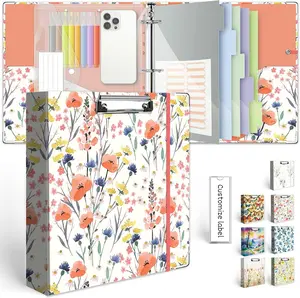3 Ring Binder 2 Inch, Three Ring Binders Organizer with Clipboard, 5-Tabs Pockets Dividers, Plastic Folder, 18 Divider Stikers,  Cute Binder with Pen Loop (Flora, Letter Size)