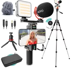 iVlogger-PRO Vlogging Kit with Full Tripod for iPhone/Android - USB-C/Lightning YouTube Starter Kit for Content Creators - Accessories: Phone Tripod, Phone Mount, RGB Light and VXR10 Shotgun Mic