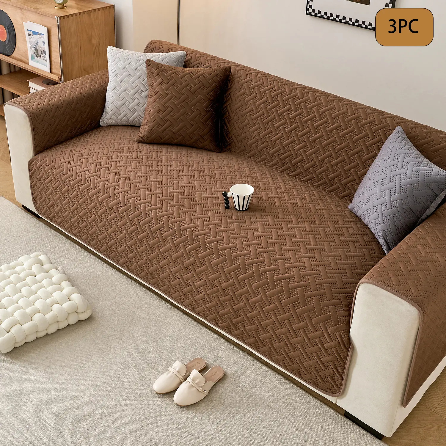 Modern 3-Piece Solid Color Non-Skid Slipcover Set with Armrests, Pet-Friendly, Wear-Resistant, Machine-Washable Couch Slipcover, Universal Sofa Protector for 1-4-Seat Sofas, Non-Skid Slipcover Sets