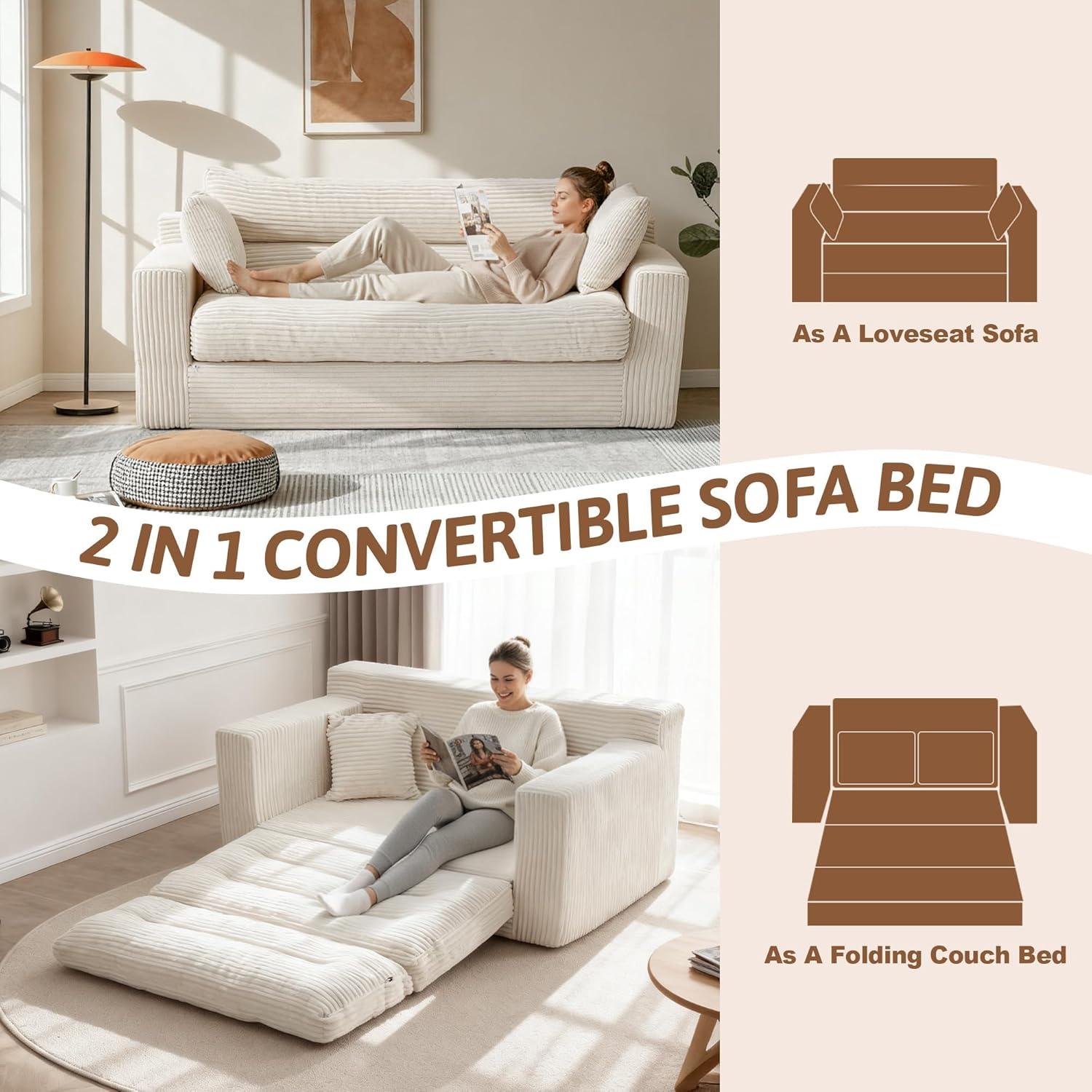 Winzoo Convertible Sofa Bed, Pull Out Boneless Couch Loveseat Floor Sofa Bed with Pillows, 2-Seater Folding Sofa Loveseat Boneless Couch for Living Room, Bedroom, Apartment, Office(Grey)