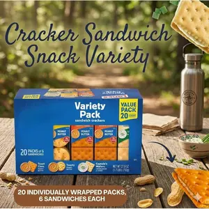 Sandwich Cracker Variety Pack, Peanut Butter and Cheese Style Filled Crackers, Individually Wrapped Snacks