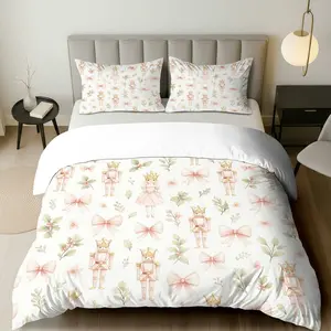 3PCS Duvet Cover Set, 1 Duvet+2 Pillowcases(Without filler),  Nutcracker Ballet Floral Bow theme, Christmas bedding set, Fairytale Design Suitable for decoration Bedroom, Guest Room, Apartment, Cottage.