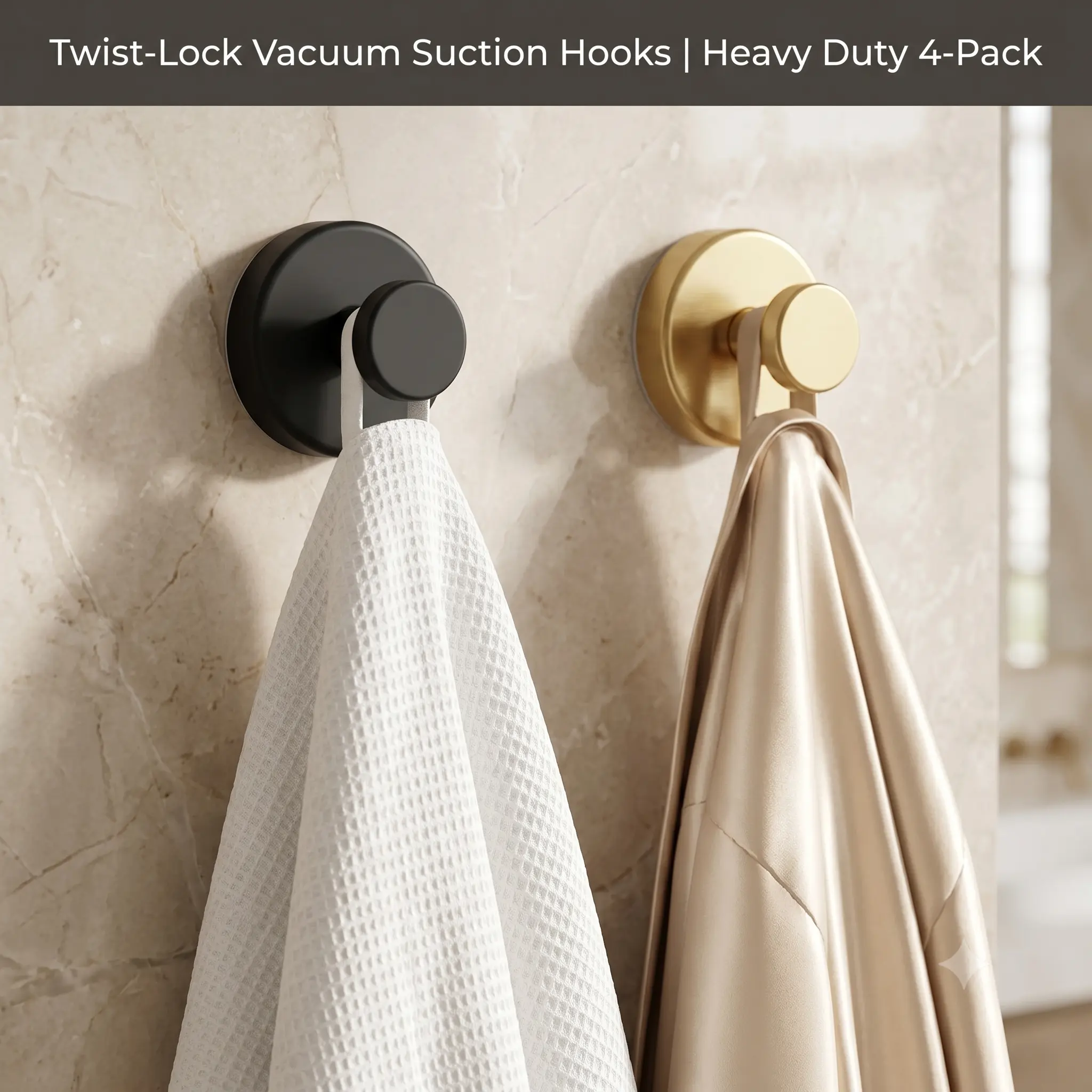 4-Pack Heavy Duty Vacuum Suction Cup Hooks for Bathroom Wall Twist-Lock Reusable Towel Robe Hanger Matte Black & Brushed Gold