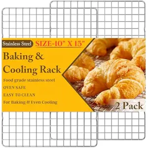 2PCS Cooling Racks for Cooking and Baking - 10" x 15"Heavy Duty Stainless Steel Wire Rack for Baking, Grilling, Roasting - Oven & Dishwasher Safe - Fits Jelly Roll Sheet Pan-Silver