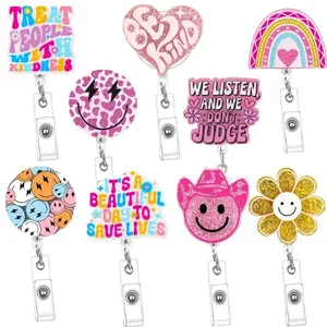9 Cute Retractable Nurse Badge Reels Featuring Smiling Pink Humorous Nurse Accessories for Name Tags and ID Holders Suitable for Office School Hospital and Teachers Vintage Style Nursing