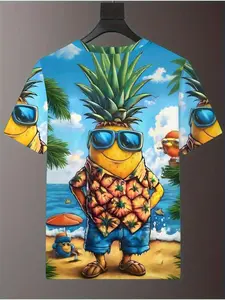 New Hawaii 3D Cartoon Pineapple Pattern Casual Sport Big Size Sporty Round Neck Short Sleeve T-Shirt, Outdoor Sports, Birthday Gift, Holiday Gift