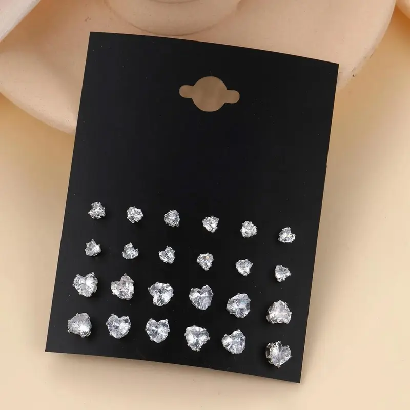 12 Pairs Women's Elegant Heart Design Stud Earrings Set, Rhinestone Decor Stud Earrings, Fashion Accessories for Women & Girls