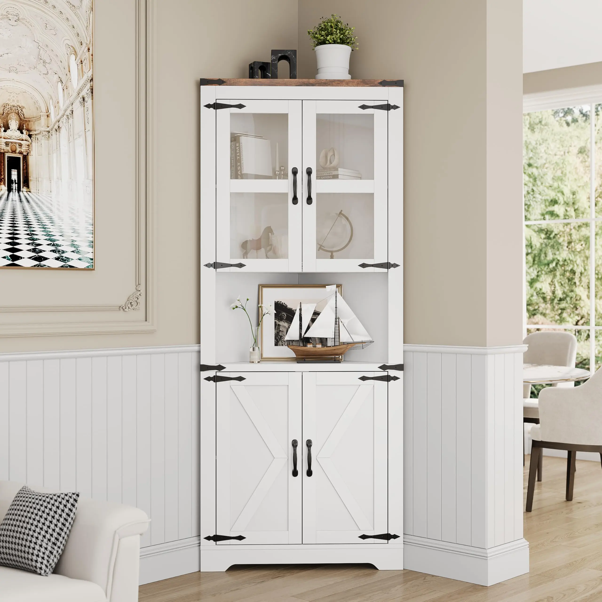67 inch Corner Storage Cabinet with Lights, Farmhouse Tall Corner Hutch Display Storage Organizer with Glass Doors, Wooden Cabinet for Kitchen, Living Room, Bathroom, White/Brown/Grey