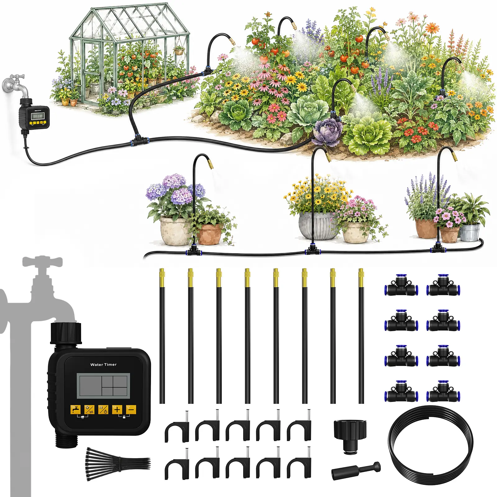 Automatic Drip Irrigation Kit with Water Timer, 32.8 FT Garden Watering System with 8 Adjustable Brass Misting Sprayers, 1-15 Day Rain Delay, 3/4" Connector for Greenhouse, Raised Beds and Plant Pots