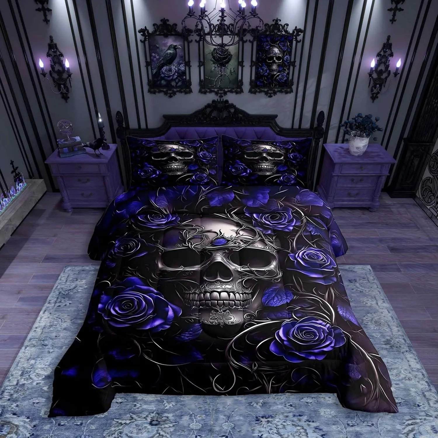 Feelyou Queen Size 100% Polyester Microfiber Skull and Rose Bedding Set - Navy Blue Vintage Victorian Print, Bold Gothic, Gothic Skull, Tight U-Stitch Hold, Smooth Breathable, Machine Washable, Quick Bedroom Decor Swap, All-Seasons, Multi-Size Option,soho