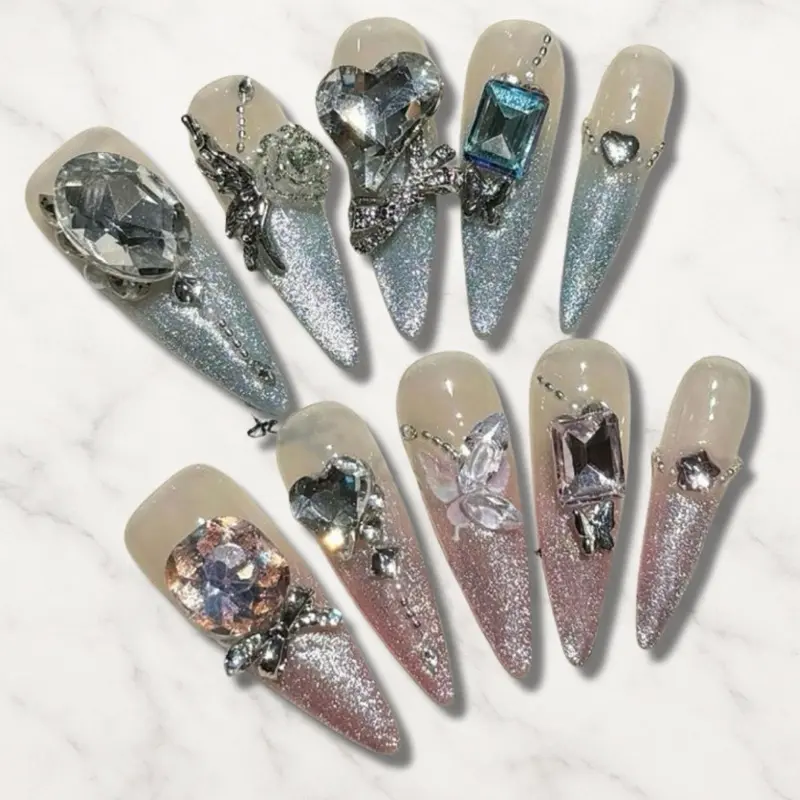 Lala’s Luxury Nailz Press on Nails with Floral Design Cateye Effect for Elegant Look Custom Crafted Handmade Set with Glue Tabs Mini File Lightweight Reusable Comfortable Natural Fit