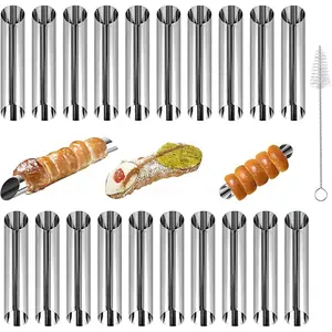 Cannoli Tubes,20PCS Stainless Steel Screw Croissant Mold with Brush, 5 inch Conical Tube Cone Roll Moulds Spiral Pastry Cream Horn Cake Bread Mold for Cannoli Tubes Croissant Baking
