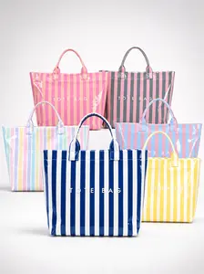 Summer colorful beach bag featuring a striped pattern; large-capacity tote bag for casual shopping; lightweight PVC waterproof tote with hook-and-loop closure; retro letter-print commuter tote; suitable for shopping, studying, work, and more; large bag fo