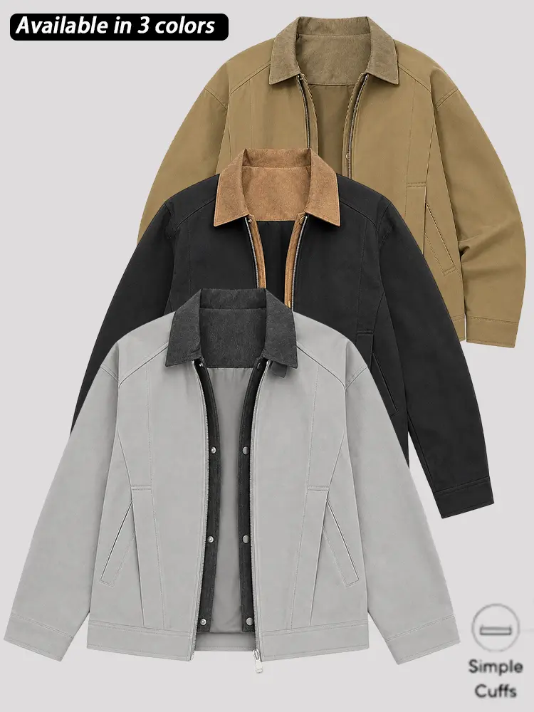 Men’s Lightweight Full-Zip Jacket Coat - Turn-Down Collar, Loose-Fit, Long Sleeve, Plain Finish Casual Outerwear with Side Pockets for Daily Wear, Urban Commuting & Layering (Spring, Fall; Khaki, Black, Light Gray)