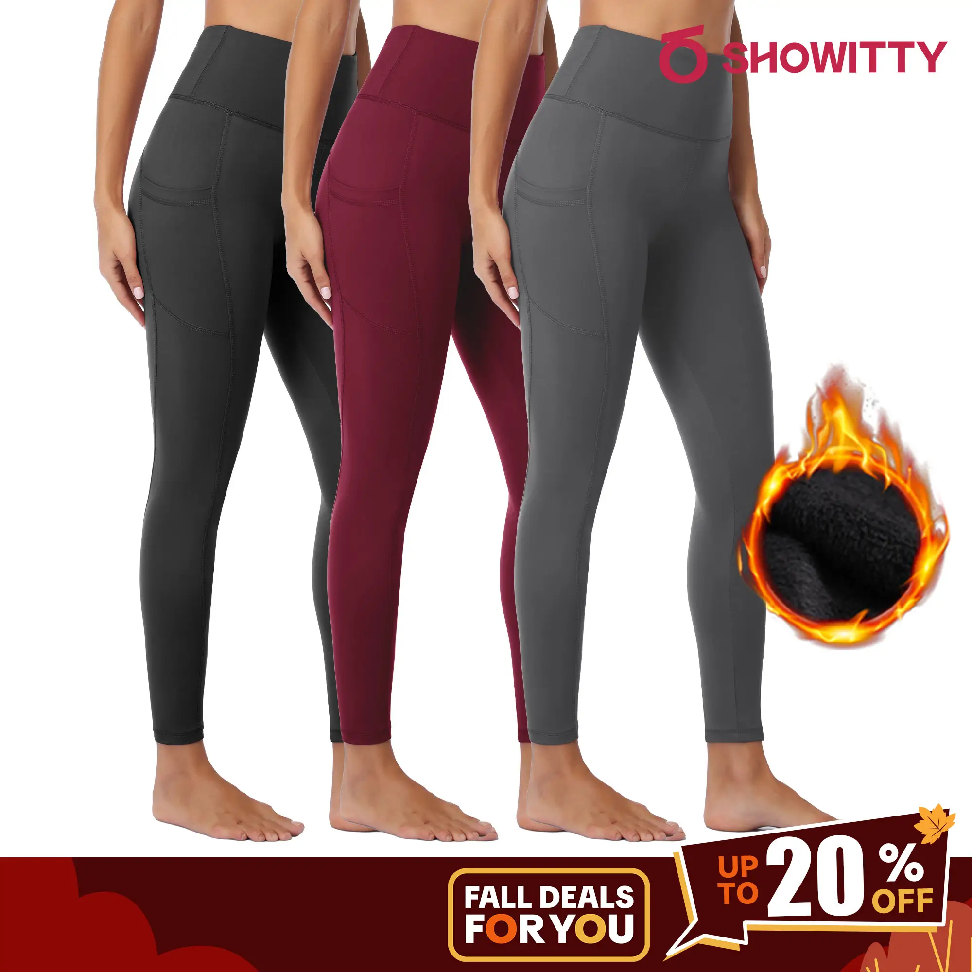 SHOWITTY Women's 3 Pack Fleece Lined Leggings with Pockets – High Waisted Thermal Warm Yoga Pants for Winter Workout & Everyday Wear