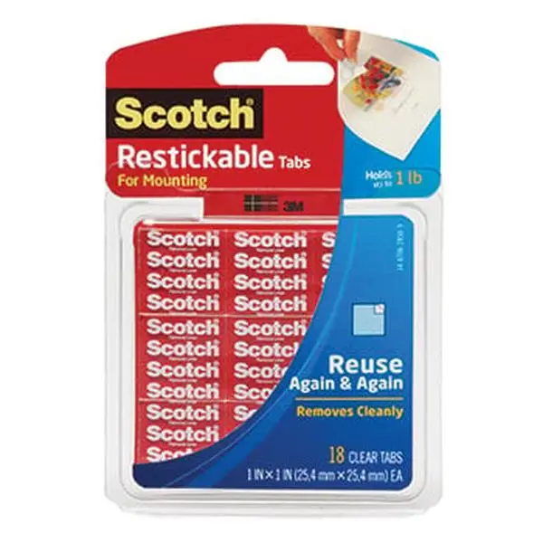 3M MMMR100 Scotch Restickable Tabs - 1x1 In Pre-Cut Squares, 18 Count, Photo Safe for Mounting Photos, Papers & Office Cabinets