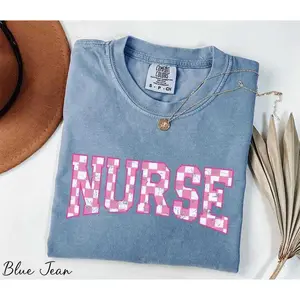 Comfort Colors® Checkered Nurse Shirt, Pink Nurse tshirt, Gift for Nurse, Future Nurse Gift, Nurse tee, Retro Nurse Shirt Fabric Top Womenswear Fit
