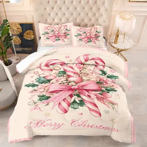 2/3 Piece Christmas Themed Christmas Candy Printed Comforter Set, Christmas Gift Bow Pattern Bedding Set, Fashionable, Soft, Comfortable, Breathable, Christmas Carnival, Happy New Year, Including 1 Quilt and 1/2 Pillowcase