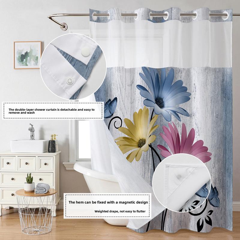 3D Digital Printing Blue Daisy Double Layer Shower Curtain Polyester Waterproof and Mildew Proof Bathroom Partition Curtain