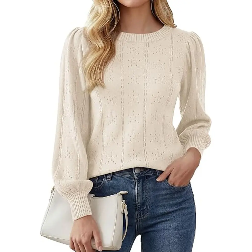 PRETTYGARDEN Women Fall Fashion Hollow Out Holiday Sweaters | Stretchy Cozy Knit, Puff Long Sleeve Pullover Tops, Crewneck Loose Fit, Dressy Casual Blouse, Trendy Winter Going Out Outfits#SohoChic