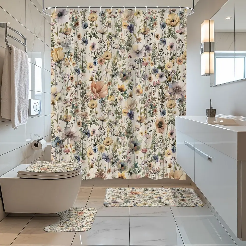 Bohemian floral pattern, 4-piece shower curtain set, Bathroom shower curtain sets, wildflower bathroom decoration, with carpet (bath mat, U-shaped, toilet lid) and 12 durable hooks, non slip floor mat, waterproof shower curtain, polyester fiber