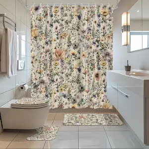 Bohemian floral pattern design, 4-piece shower curtain set, vintage wildflower bathroom decoration, with carpet (bath mat, U-shaped, toilet lid) and 12 durable hooks, non slip floor mat, waterproof forest shower curtain, polyester fiber