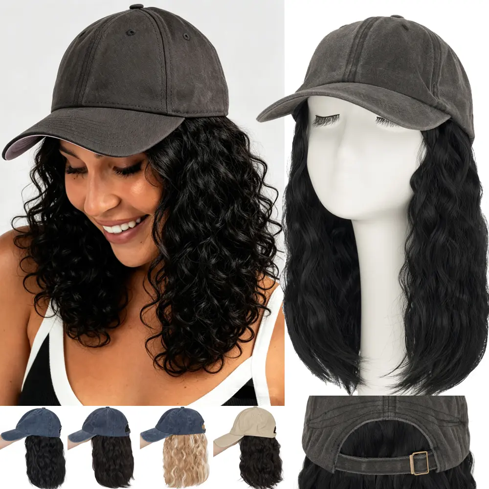 Baseball Hat With Hair Extensions For Women Cap Wigs Bob Hair Attached with Synthetic Short Hair Navy Blue Grey Beige Cap 8inch 170g Wavy Curly Hair