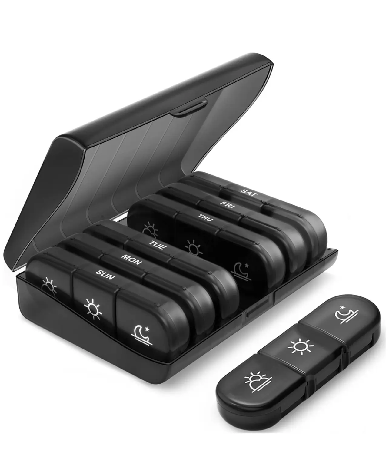 XL Pill Organizer - Weekly 3-Times-a-Day Pill Box with 1-Side Large Openings, Black Privacy Protection AM/PM Case, Stick-On Time Labels for Healthcare Use