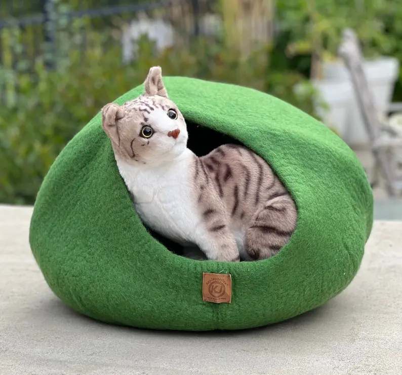 Hand Felted Wool Cat Cave Bed: Natural, Warm Cat House
