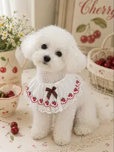 Cherry Embroidery Lace Detachable Pet Collar 🍒 French Vintage Style for Dogs & Cats | Cute Bow for Photos, Parties & Daily Wear