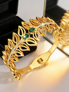 1 stainless steel bracelet, featuring a delicate openwork leaf design, inlaid with colored cubic zirconia, combines luxury and elegance, perfect for wearing at wedding dinners, and also a beautiful gift for friends