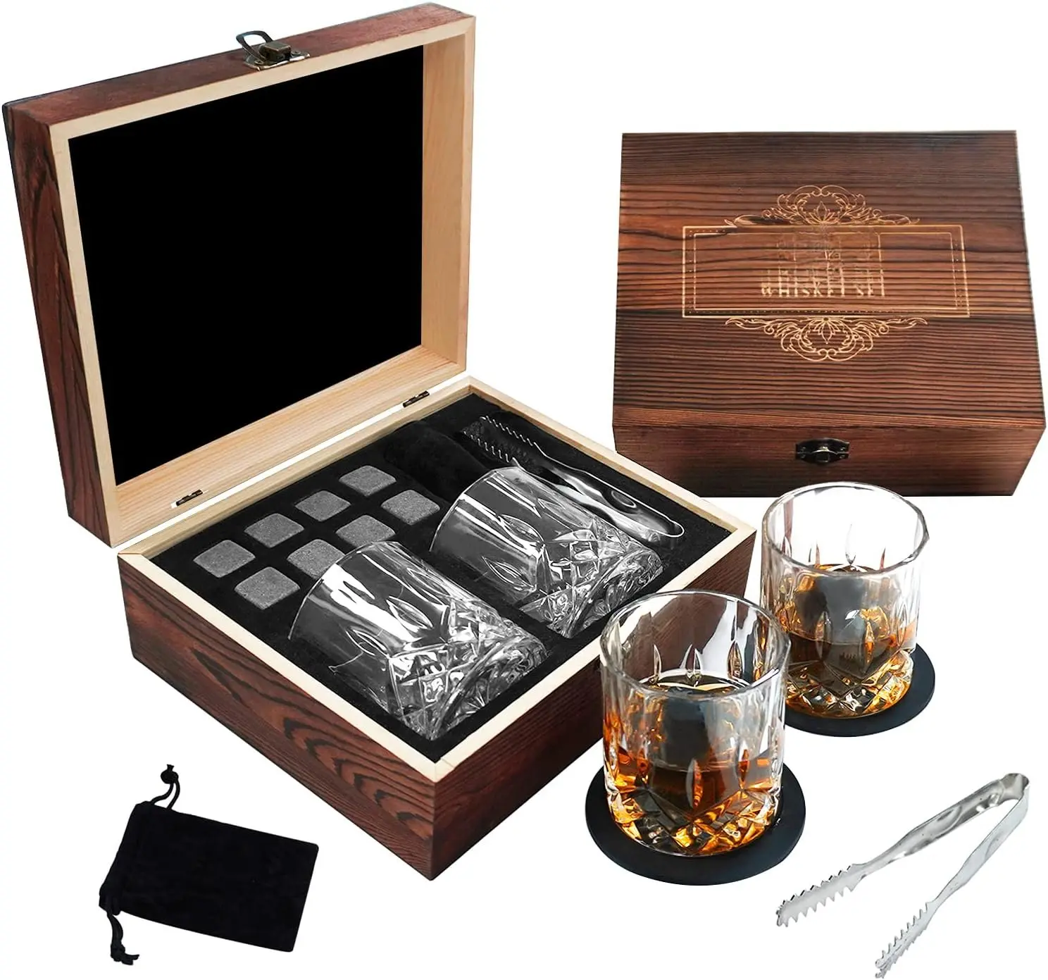 Whiskey Glasses Set - 2 Durable Premium Drinking Glasses, 8 Premium Granite Chilling Rocks, 2 Free Coasters - Ideal Father's Day, Birthday Gift Ideas for Retirement Recipients, Washable