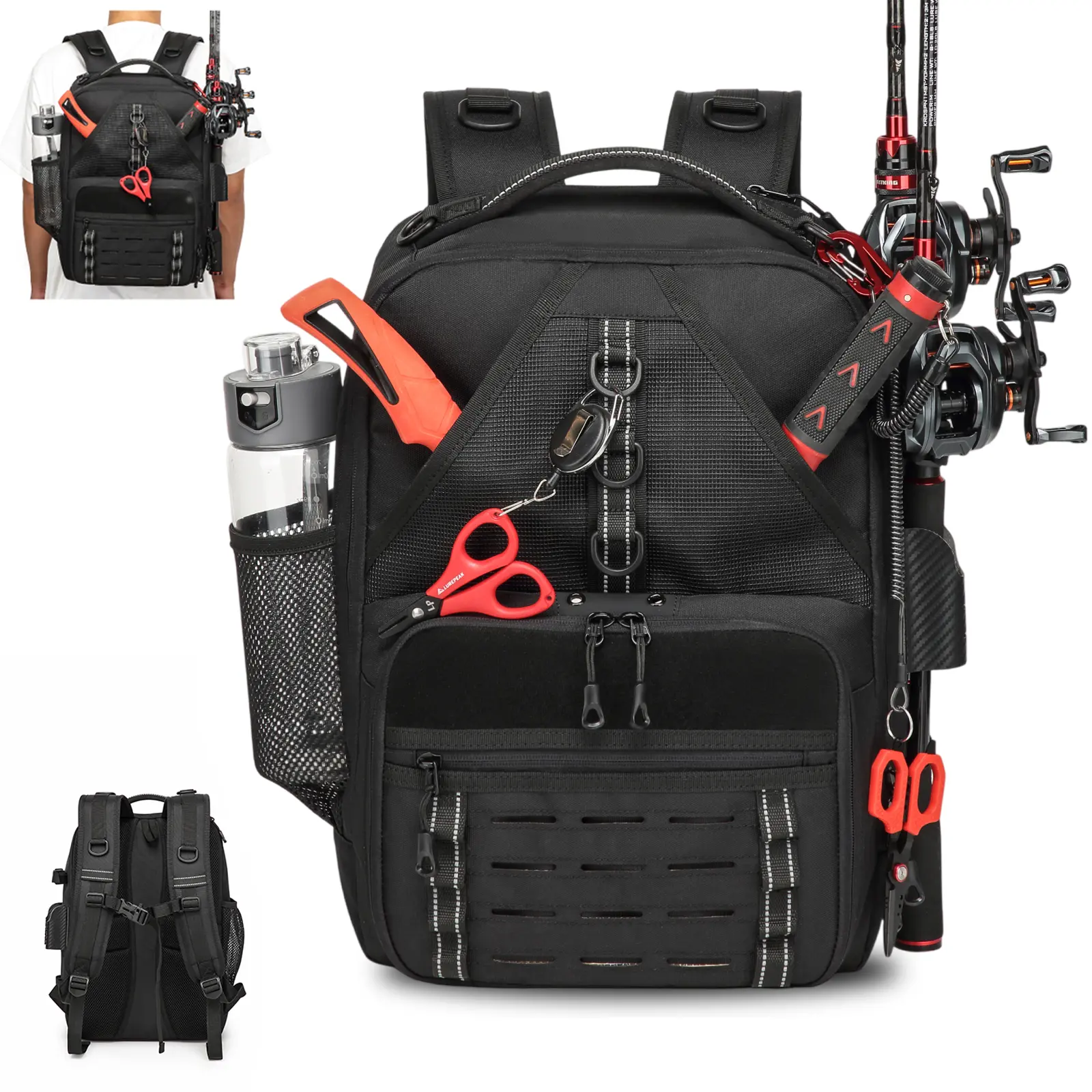 Multi-Purpose Fishing Tackle Backpack with Dual Rod Holders, Ergonomic Breathable Back Water Resistant Fishing Gear Storage Bag with 4 Clear Tackle Boxes for Bass Fishing, Shore Fishing, Kayak Fishing