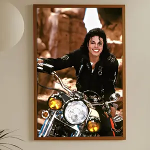 Michael Jackson Motorcycle Poster – Iconic Black Leather Outfit with Desert Background, Retro Music Wall Art Print for Bedroom, Studio, Dorm or Creative Spaces