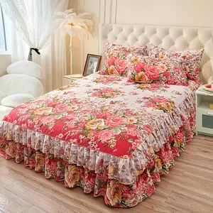 3pcs Ditsy Floral Printed Macrame Bed Skirt Set, Bedspread Coverlet Drop King Dust Skirts Lightweight and Breathable Bedding Coverlets