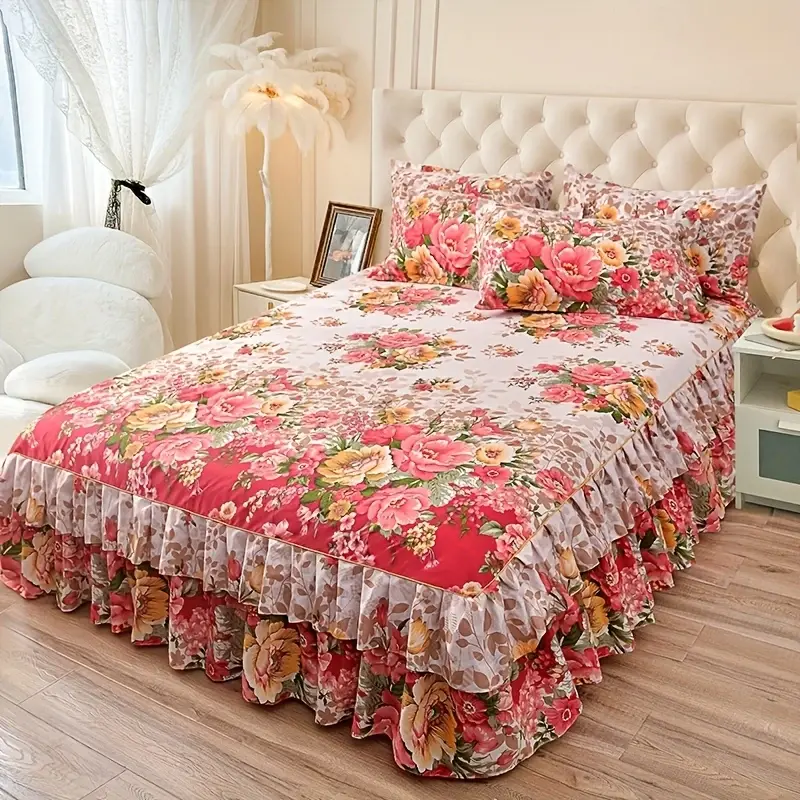 3pcs Ditsy Floral Printed Macrame Microfiber Decorative Bedding Set - King/Queen Size, Lightweight Bedspread Coverlet, Breathable Bed Dust Skirt, Queen Comforter Set for Bedroom Decor
