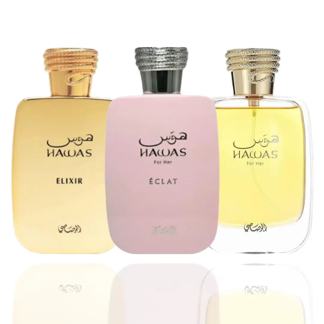 Floral Unisex Fragrance 3-Piece Bundle - Hawas Elixir, Hawas For Her, Hawas ECLAT - Fresh Aroma Modern Blend, Gender-Neutral Men's Fragrance, Multi-Scent Men's Fragrance