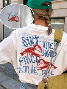 Crawfish Graphic Jersey Casual T-Shirt, Casual Everyday Tops, Funny Suck The Head Pinch The Tail Tee, Trendy Seafood Festival Streetwear Top, Lightweight Jersey Summer Beach Vacation Outfit, Retro Louisiana Crawfish Print Shirt for Women Men