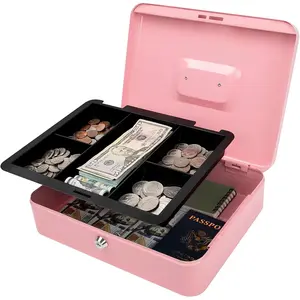 Large Cash Box with Key Lock - Durable Metal Cash Box with Money Tray, 11.81 x 9.84 x 3.46 inches (X-Large, Pink)