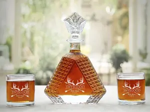 4 Piece Bourbon Decanter Set With Scotch Glasses and Wooden Box - Personalized, Customized For Men and Women - Clear