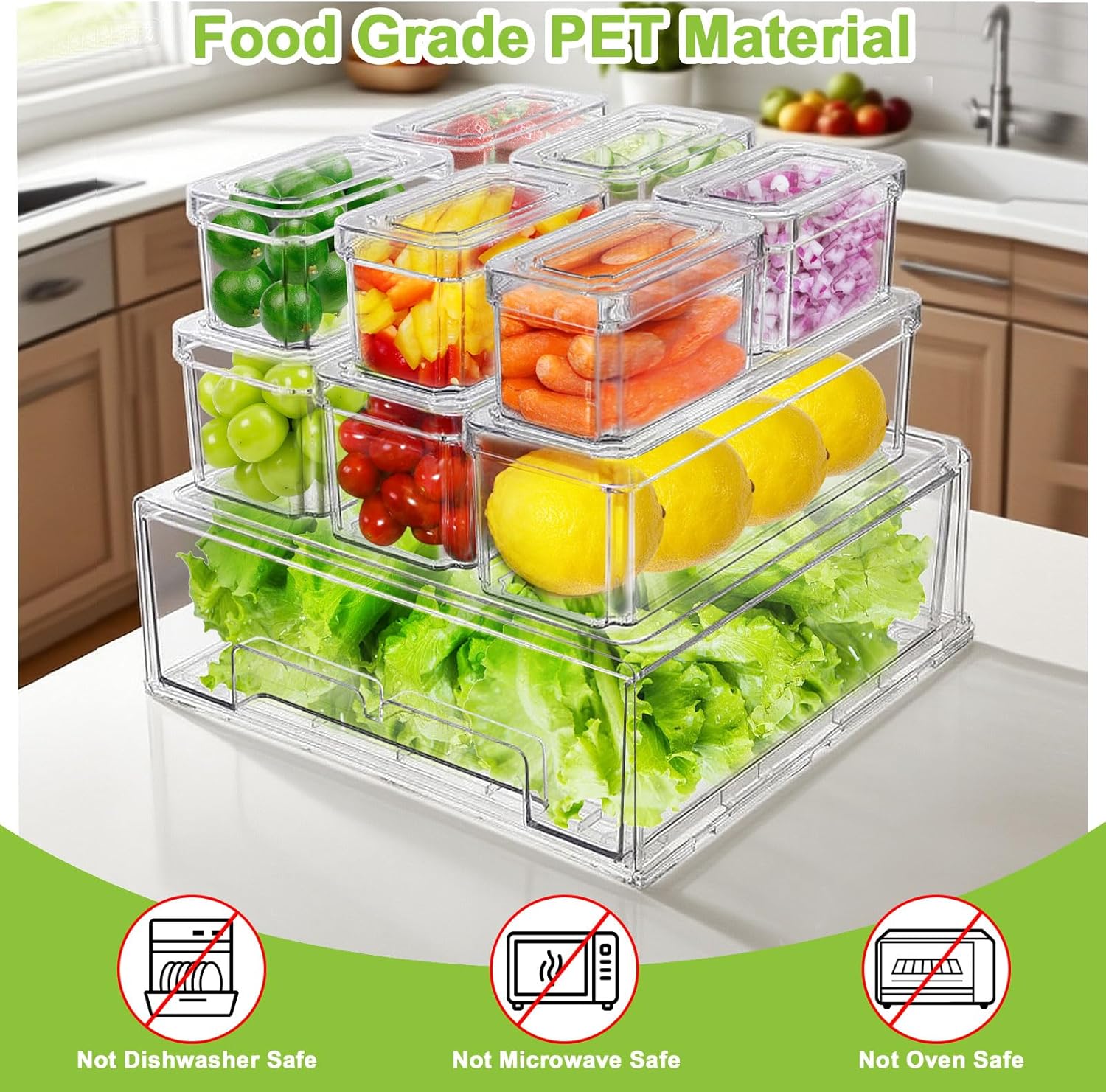 10/14 Pack Fridge Organizer Bins with Lids,With a Pull-out Large Drawer,, BPA-Free Stackable Clear Containers for Food, Drinks, and Food Storage, Ideal for Kitchen Organization
