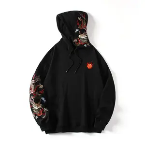 Kh9190 Niepce Black Japanese Streetwear Embroidered Dragon Hoodie