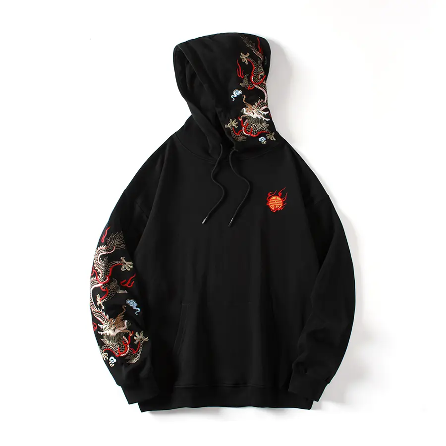Kh9190 Niepce Black Japanese Streetwear Embroidered Dragon Hoodie Oversized Embroidery